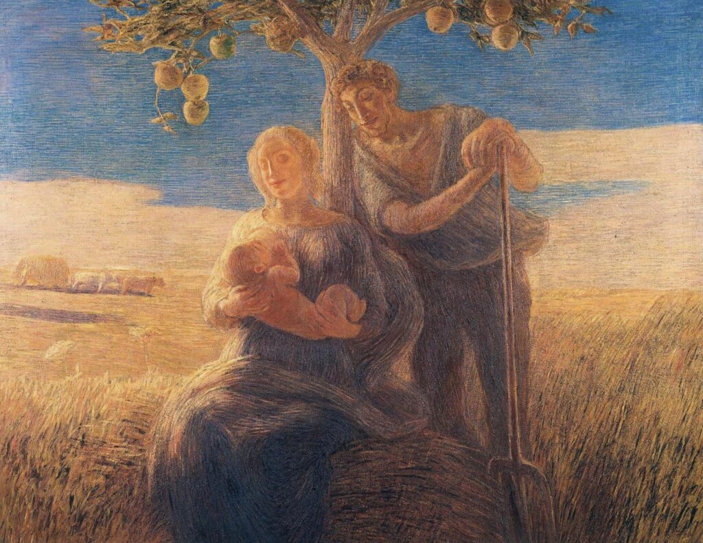 nell'immagine vediamo una riproduzione del quadro di Gaetano Previati intitolato Georgica del 1905. La tecnica è olio su tela. Al centro si vedono un uomo in piedi appoggiato ad un albero con un forcone in mano e una donna seduta accanto mentre allatta un bambino. Sullo sfondo si vedono dei campi di grano e degli animali al pascolo. Il cielo è azzurro con nuvole bianche all'orizzonte. Il quadro esprime gioia e calma. Le figura ricordano una Sacra Famiglia