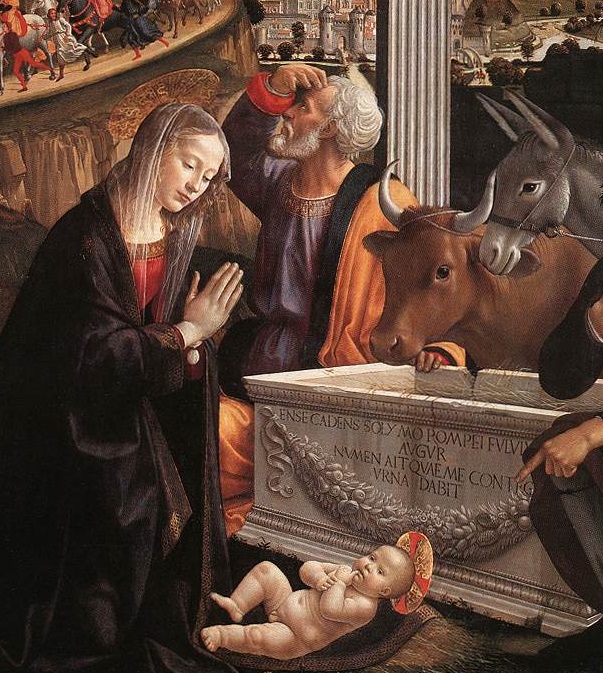 Nell'immagine vediamo un particolare del quadro di Domenico Ghirlandaio intitolato l'Adorazione dei Magi. In basso c'è gesù bambino appoggiato sul mantello della madre. Maria è in preghiera davanti a gesù bambino. San Giuseppe è appoggiato ad un sarcofiago antico aperto e vuoto al centro dell'immagine. San Giuseppe si sta voltando verso l'alto e con la mano destra si copre la luce per meglio vedere verso il cielo. Sulla destra si vedono le teste del bue e dell'asinello