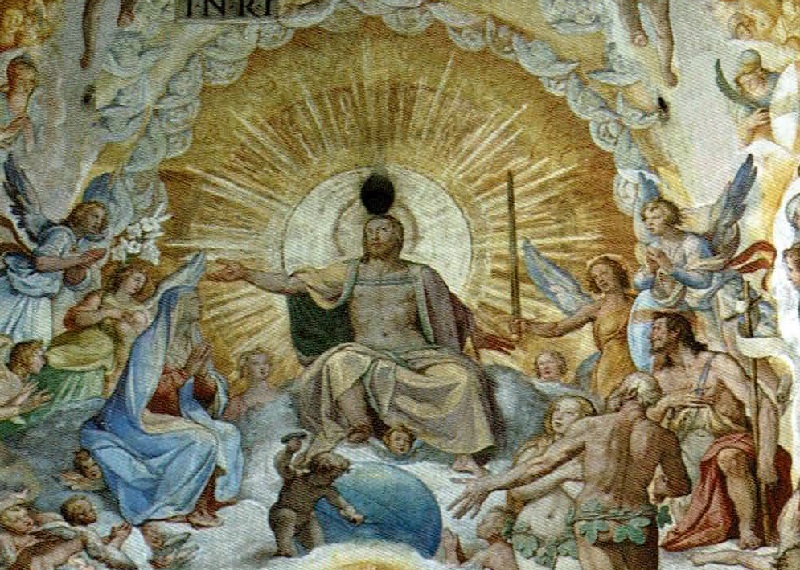 Dettaglio del Giudizio Universale eseguito ad affresco da Giorgio Vasari e Federico Zuccari all’interno della cupola del Duomo di Firenze. A dominare il centro del settore Est troviamo la figura di Cristo-Sole 