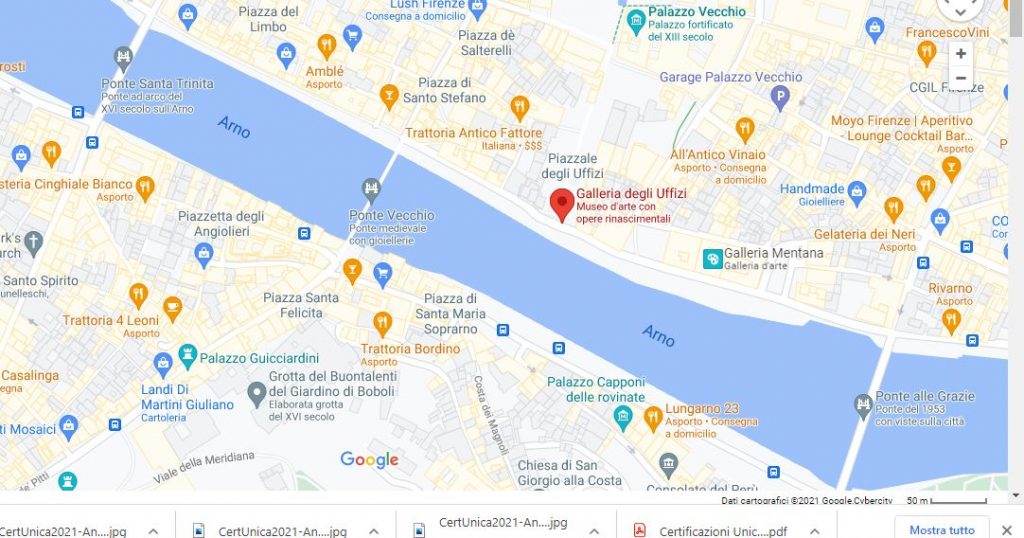 nell'immagine si vede la mappa di firenze con la galleria degli uffizi indicata in rosso