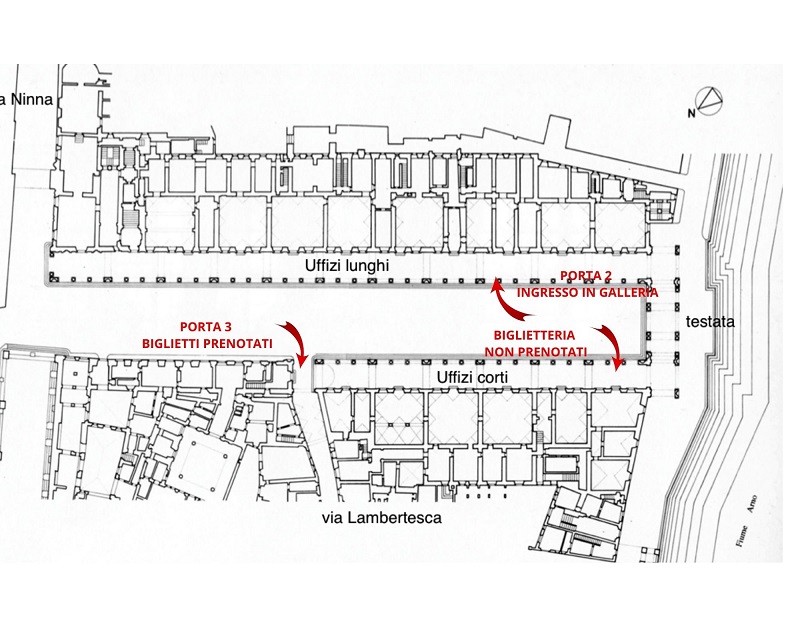 nell'immagine si vede la pianta del porticato degli uffizi con la localizzazione di biglietterie e ingresso alla galleria