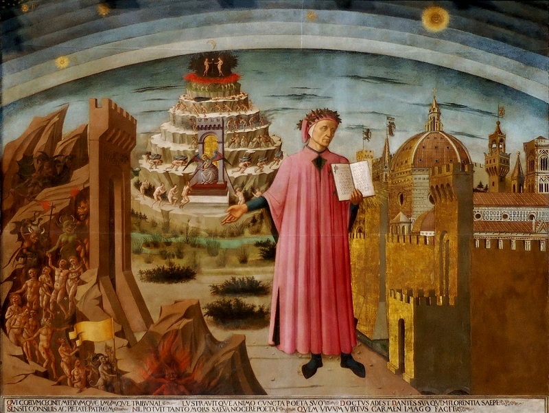 Nell’immagine si vede Dante con in mano la Divina Commedia al centro, alla sua destra l’inferno che dalle profondità della terra fa salire verso il Paradiso che è alle sue spalle. Alla sinistra di Dante la città di Firenze cinta dalle mura con la torre della Badia, la torre di Arnolfo di Palazzo Vecchio, il campanile di Giotto e Santa Maria del Fiore su cui svetta la cupola del Brunelleschi, al tempo non ancora terminata