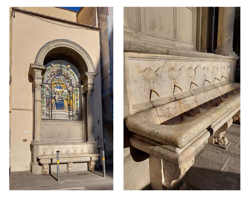 Nella foto si vede il tabernacolo delle Fonticine, una robbiana con una bellissima fontana di marmo dove si può riempire gratuitamente la propria borraccia. Ecco un piccole gesto green quando visiti una città d’arte