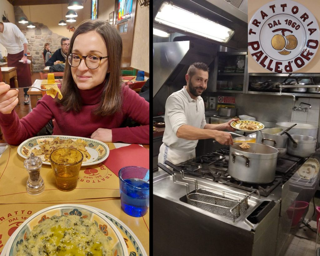 Nella foto si vede il cuoco intento al suo lavoro nella Trattoria Palle d’Oro nel quartiere di San Lorenzo a Firenze e la guida Angela che assaggia le Pappardelle al tartufo