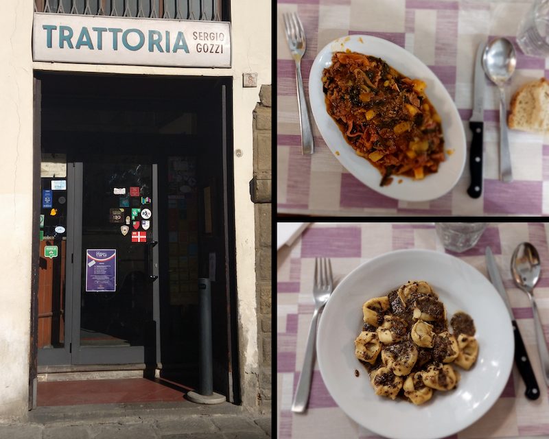 Nella foto si vede l’esterno della Trattoria Sergio Gozzi, un ottimo ristorante per mangiare nel quartiere di San Lorenzo a Firenze, inoltre un piatto di lampredotto e uno di tortelli al tartufo