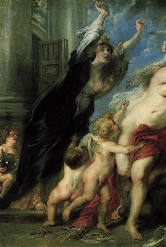 nell'immagine si vede il dipinto a olio di pieter paul rubens le conseguenze della guerra particolare di europa del 1638 conservato alla galleria palatina di palazzo pitti