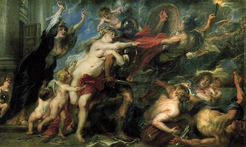 nell'immagine si vede il dipinto a olio di pieter paul rubens le conseguenze della guerra del 1638 conservato alla galleria palatina di palazzo pitti