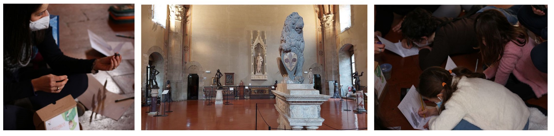 Alcuni momenti della nostra visita per famiglie con bambini al museo del Bargello. Al centro le sculture di Donatello nella Sala del consiglio maggiore