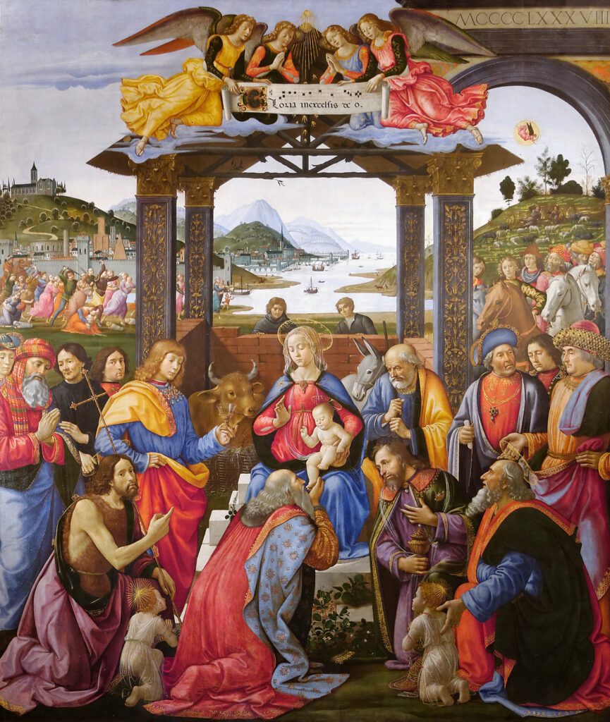 l'Adorazione dei Magi di Domenico Ghirlandaio si trovava sull'altare principale della chiesa degli Uomini dell'Ospedale degli Innocenti di Firenze e oggi conservata all'interno del museo dell'Ospedale.