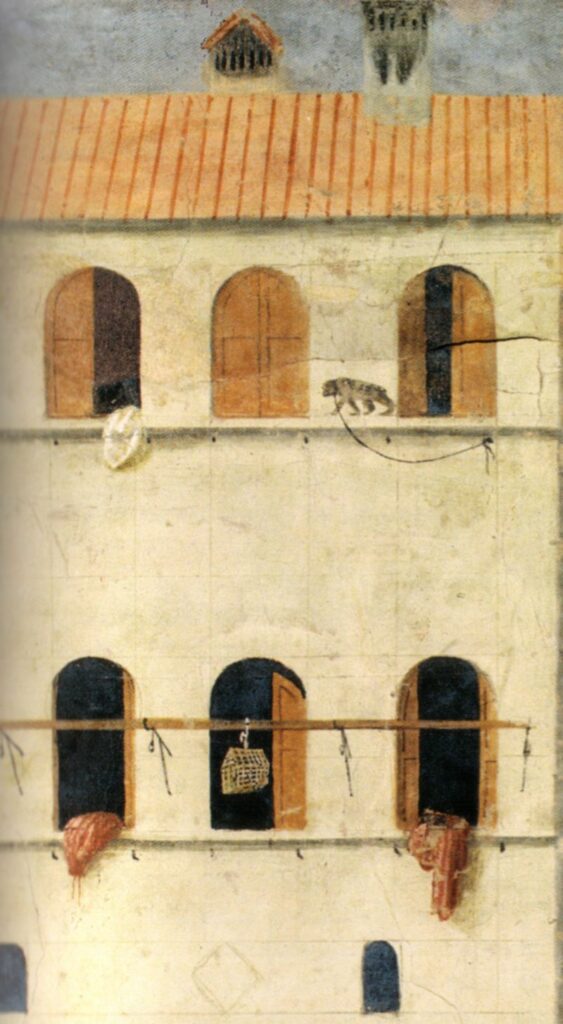 Particolare della Cappella Brancacci, la guarigione dello Storpio, si vedono le gabbiette con gli uccelli esotici e le scimmie incatenate, proprio come usavano appendere sugli erri di Palazzo Davanzati