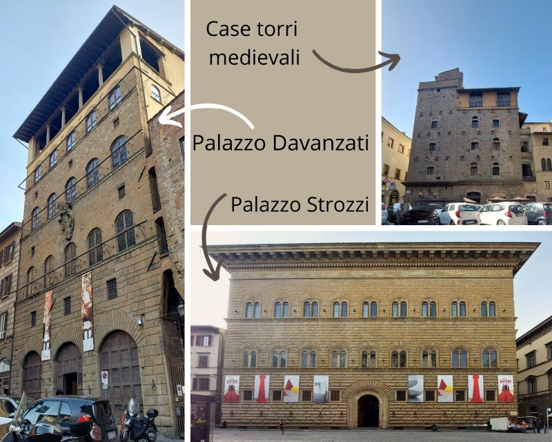 Collage di foto che mostra le varie tipologie di palazzo che mostriamo nel nostro tour di Palazzo Davanzati. Dalle case torri medioevali come nel particolare in alto a sinistra, all'ibrido di Palazzo Davanzati, fino al palazzo Rinascimentale degli Strozzi.