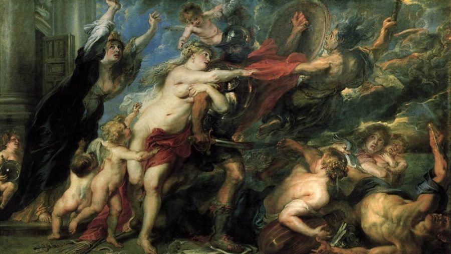 nell'immagine si vede il dipinto a olio di pieter paul rubens le conseguenze della guerra del 1638 conservato alla galleria palatina di palazzo pitti
